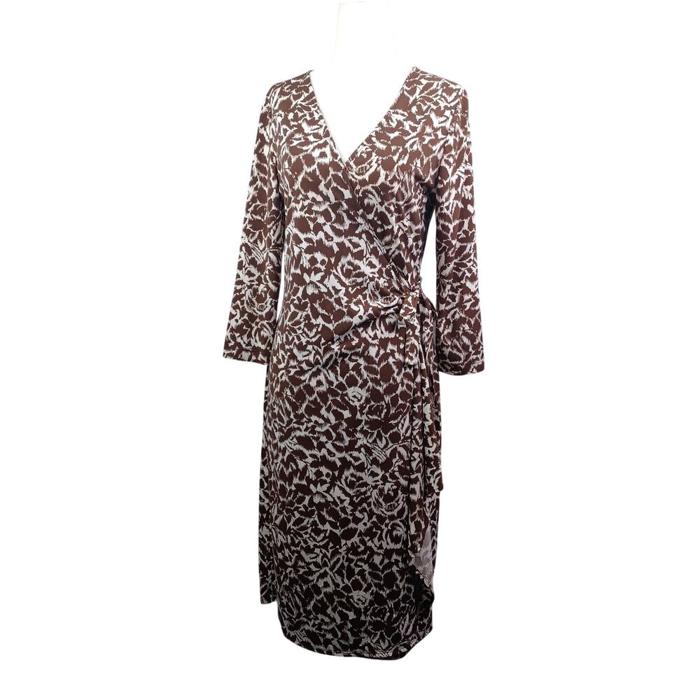 BCBG MAXAZRIA Womens V-neck Wrap Dress Size M Brown Tie Waist 3/4 Sleeve Stretch